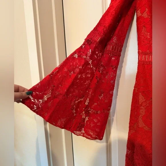 NEW Tadashi Shoji Kyra Bell Sleeve Lace Dress Red Sz 10 Formal Midi Holiday NWT - Picture 6 of 10